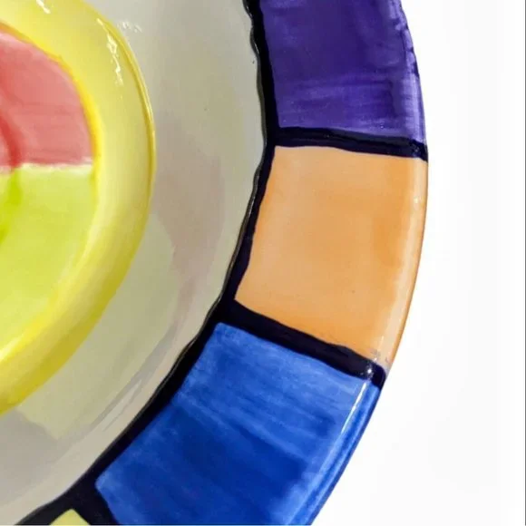 Vintage 1999 Hand Painted Serving Bowl Rimmed 11" Signed Sims Bold Rainbow - Picture 3 of 8